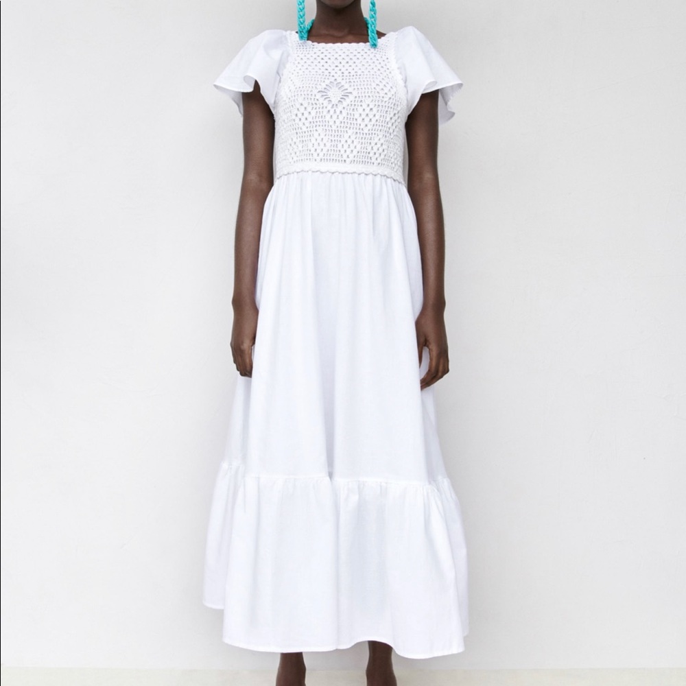 White zara Maxi CROCHETED LINEN BLEND DRESS